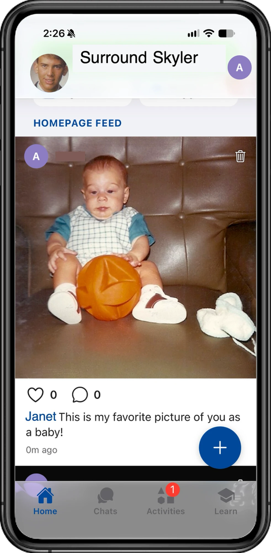 The SurroundMe Home tab, showing a family photo and a message from a supporter in a shared feed