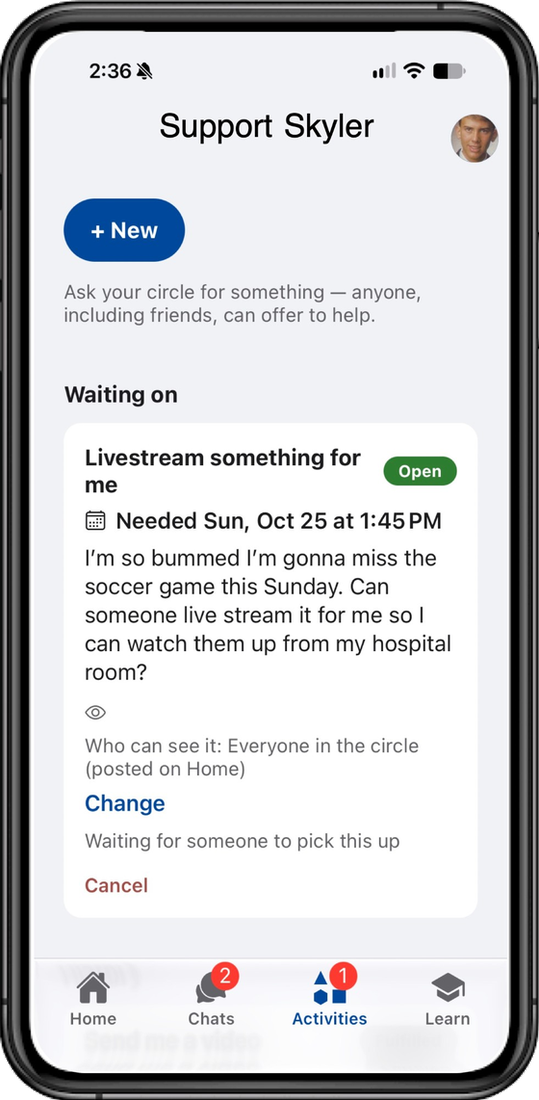 The SurroundMe Support tab, showing a request to livestream a soccer game that anyone in the circle can pick up